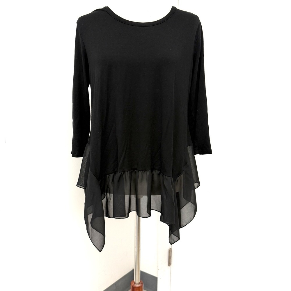 Women's Black 3/4 Sleeve Tunic Top Sheer Asymmetrical Hem Sz Med Witchy Grunge